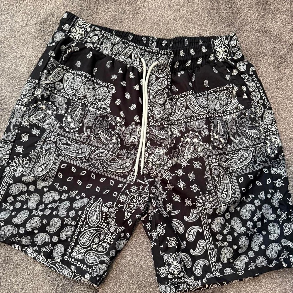 Mens Black Bandana Paisley Print Drawstring Shorts Streetwear Casual Summer